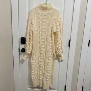 Cozy Cream Knit Sweater Dress with Side Slit